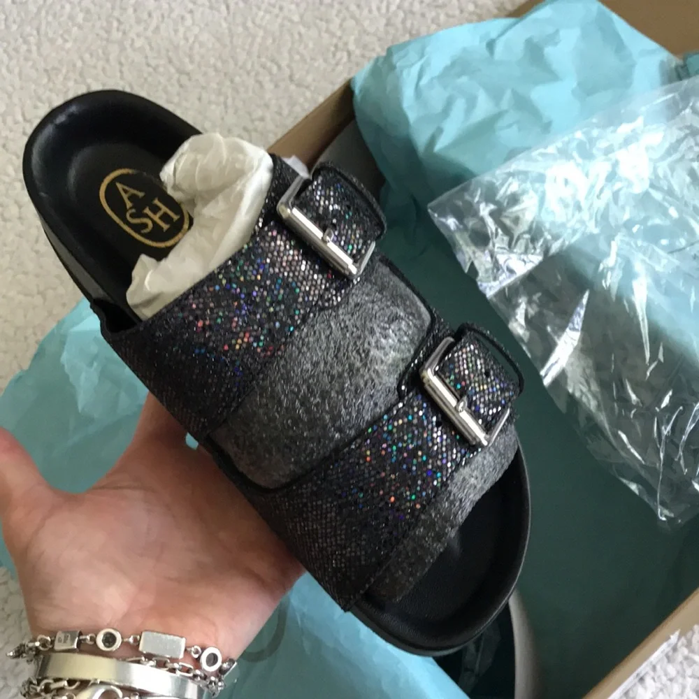 Ash Womens Black Sparkle Double-Buckle Slide Sandals